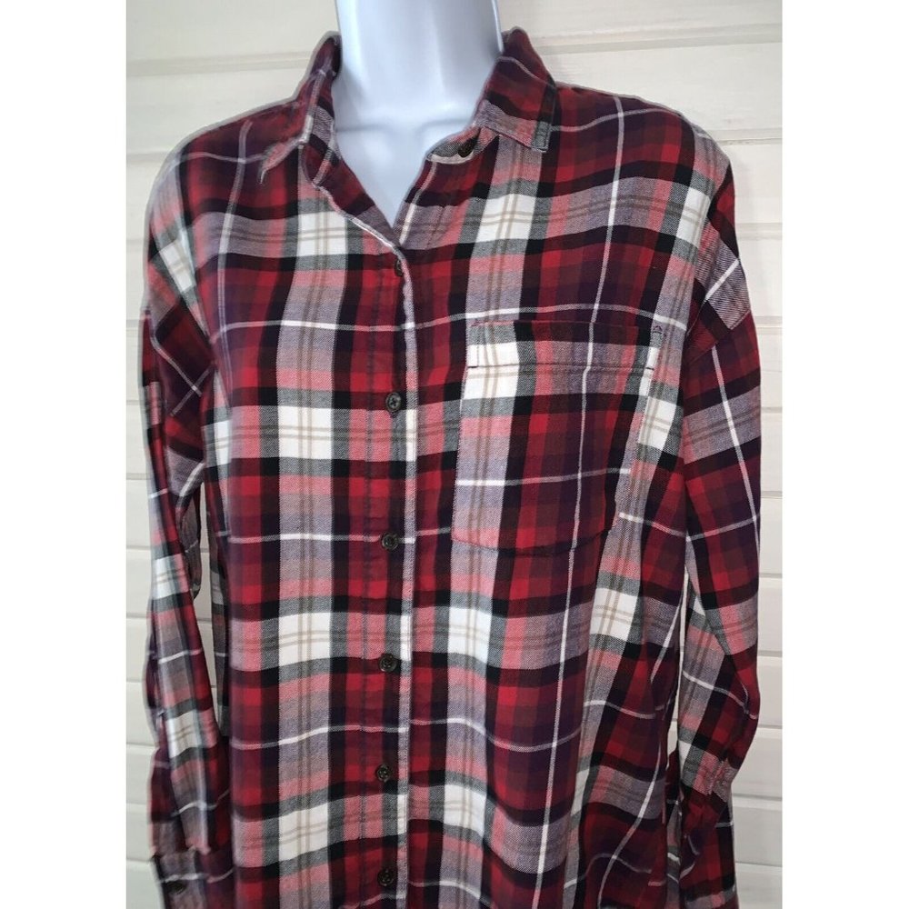 Old Navy Sz MEDIUM Plaid Cotton Boyfriend Flannel Shirt Red White EUC
